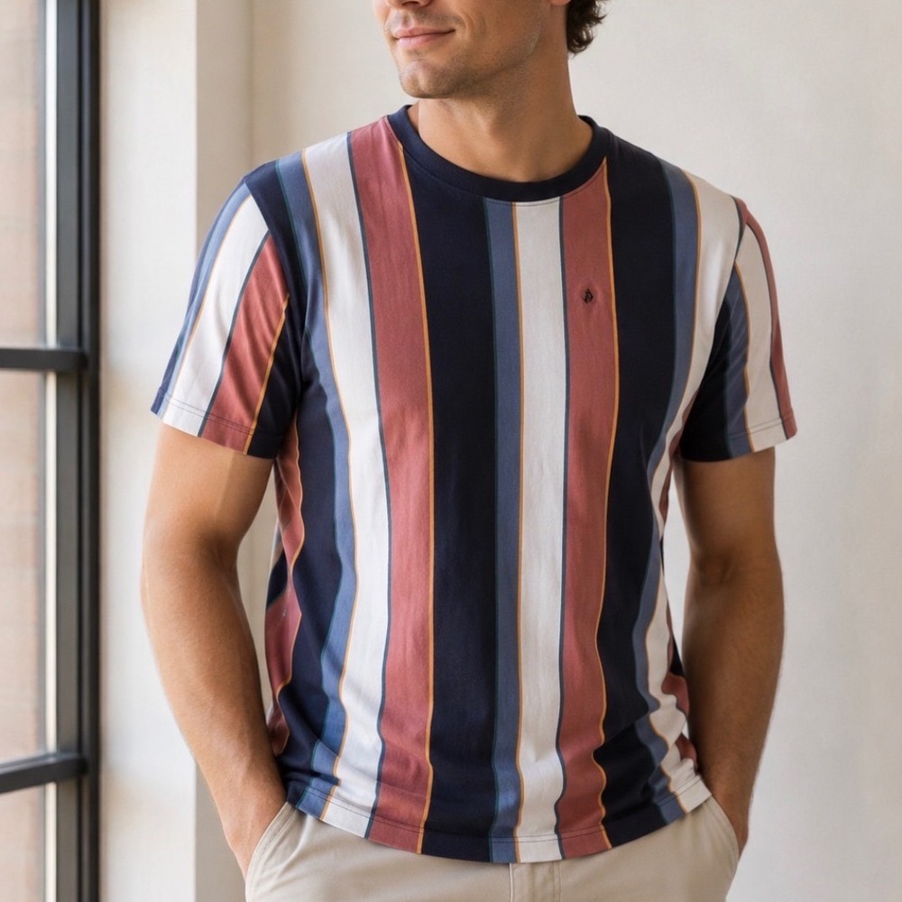 Vineyard Vines Mens Vertical Stripe Cotton T-Shirt Jetty Red Navy Large